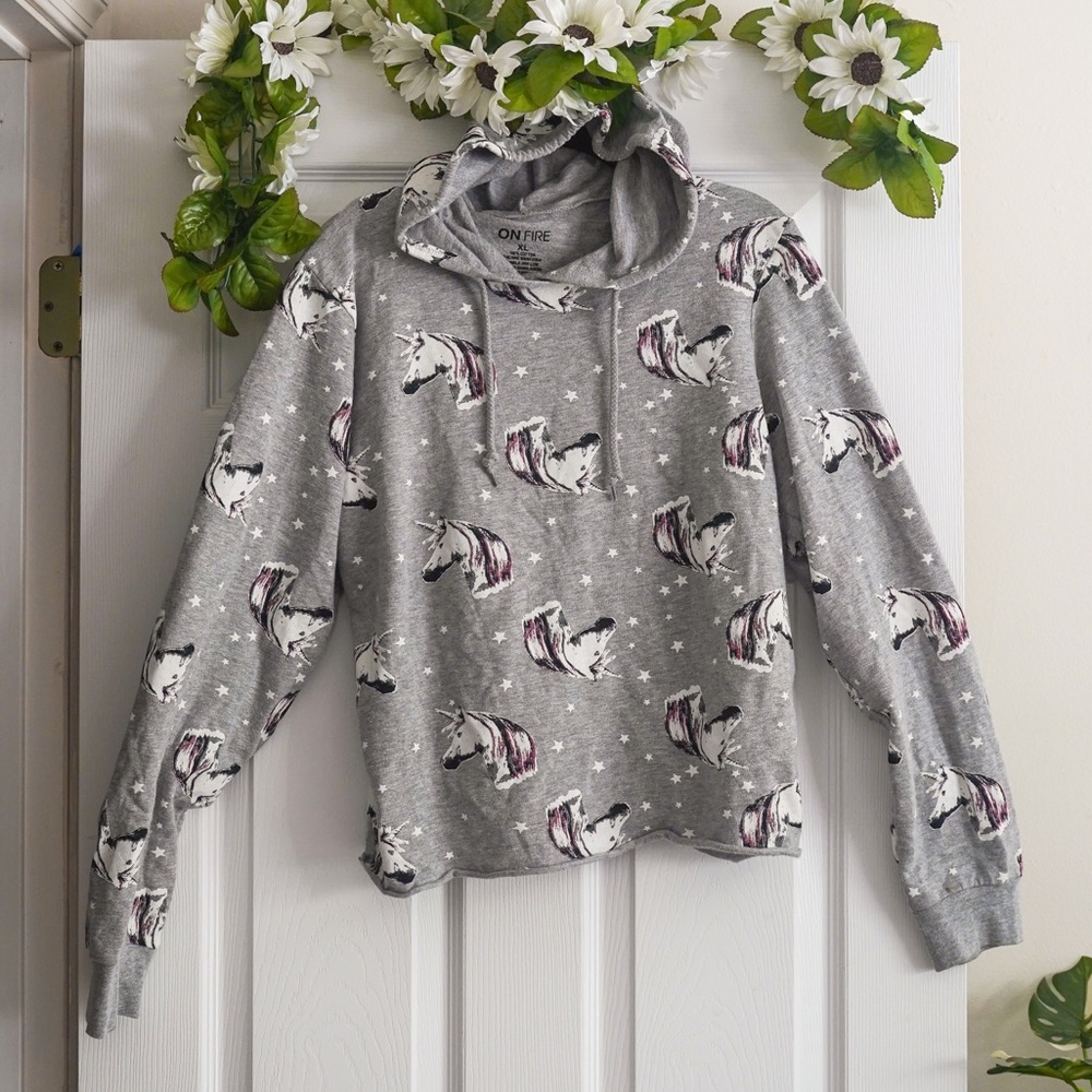 Unicorn Hoodie Sweatshirt Whimsical Gray White Pink size Girls XL / Women's S